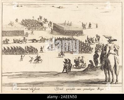 Diese um 1627-1628 entstandene Ätzung von Jacques Callot zeigt eine militärische Rezension, die Soldaten in Formation, Uniformen, Waffen, Gesten und Haltungen zeigt. Die Komposition spiegelt die europäische Militärorganisation des frühen 17. Jahrhunderts und präzise Linienarbeit wider. Stockfoto
