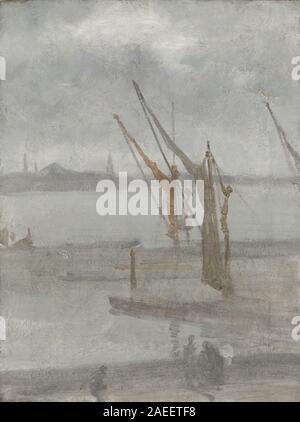 Das zwischen 1864 und 1868 entstandene Artwork von James McNeill Whistler mit dem Titel Grey and Silver: Chelsea Wharf zeigt eine Umgebung am Fluss in einer gedämpften Palette. Stockfoto