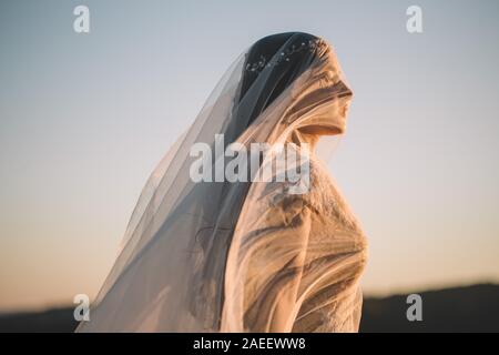 Bildende Kunst, Hochzeit, Glück, Leben, Liebe, Leben. Schöne junge Frau Braut bedeckte ihr Gesicht mit einem Schleier Curling im Wind in der Natur ag Stockfoto