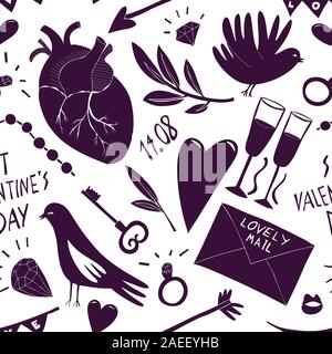 St Valentinstag nahtlose Muster. Vektor hand Illustrationen gezeichnet. Design mit Valentines Tag Symbole. Kann als Flyer, Cover oder Einladung verwendet werden. Stock Vektor