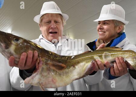 Premierminister Boris Johnson wird von der lokalen konservativen Kandidaten Lia Nici kam als er prüft einige der fangen bei einem Besuch in Grimsby Fischmarkt, während auf der allgemeinen Wahlkampagne Trail. Stockfoto