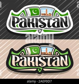 Vektor logo für Pakistan Land, Kühlschrank Magnet mit der pakistanische Staat Flagge, original brush Schrift für Wort Pakistan und nationalen pakistanischen Symbol-F Stock Vektor