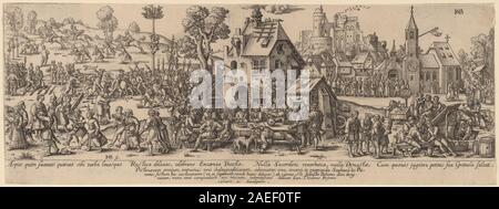 Stich von Jan Theodor de Bry nach Barthel Beham, Country Fair. Zeigt eine ländliche Messe mit Menschen, Marktständen, Tieren, Zelten und Aktivitäten, das tägliche Leben und die festliche ländliche Kultur. Stockfoto