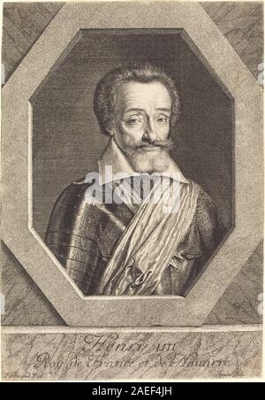 Ein Kunstwerk von Jean Morin nach Louis Elle I., das Heinrich IV., den König von Frankreich, darstellt und ein Porträt des Monarchen mit detaillierter Kleidung und Insignien zeigt. Der Titel zeichnet das Betreff auf. Stockfoto