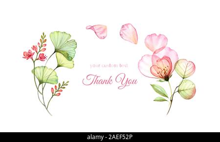 Danke Karte mit Aquarell Blumen. Transparente Rose mit Fliegen Blütenblätter isoliert auf Weiss. Arch Komposition. Botanische floral Illustrationen für Stockfoto