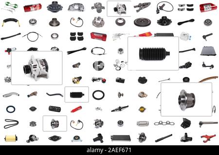 Hintergrund für einen Katalog oder ein Auto parts Auswahl Programm mit einem Schwerpunkt auf drei Teile: Auto Lichtmaschine, Spurstange Reparatursatz Radnabe Reparatursatz. Stockfoto
