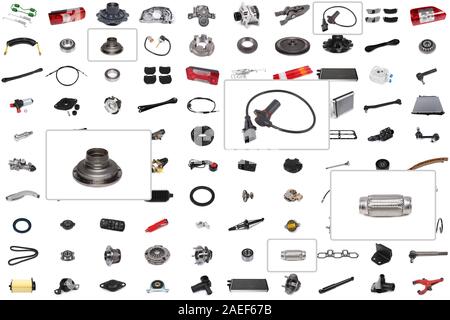 Hintergrund für einen Katalog oder ein Auto parts Auswahl Programm mit einem Schwerpunkt auf drei Teile: Radnabe, Sensor, Auspuffflansch. Stockfoto