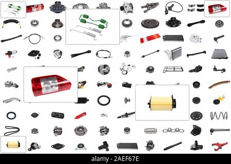 Hintergrund für einen Katalog oder ein Auto parts Auswahl Programm mit einem Schwerpunkt auf drei Teile: Luftfilter, Scheinwerfer, Bremsen Reparatur Kit. Stockfoto