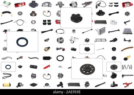Collage aus verschiedenen Autoteile für Pkw und Lkw mit einem Schwerpunkt auf drei Teile: Kupplungsscheibe, Öldichtung, Tank cap. Stockfoto