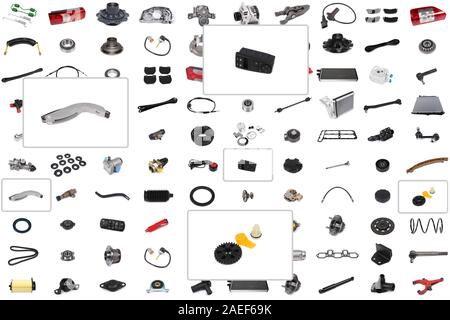 Collage aus verschiedenen Autoteile für Pkw und Lkw mit einem Schwerpunkt auf drei Teile: Leistungsschalter, Systemsteuerung, Reparatur Kit. Stockfoto