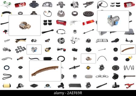 Collage aus verschiedenen Autoteile für Pkw und Lkw mit einem Schwerpunkt auf drei Teile: Leistungsschalter, Generator Reparatursatz Ventil. Stockfoto