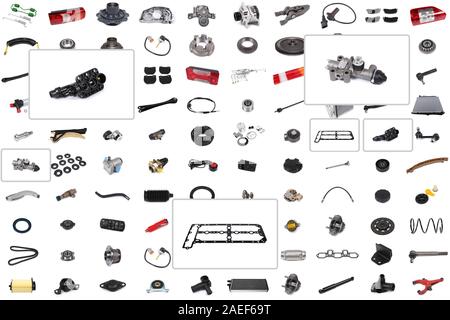 Collage aus verschiedenen Autoteile für Pkw und Lkw mit einem Schwerpunkt auf drei Teile: Dichtung, Thermostat, Bremszylinder. Stockfoto