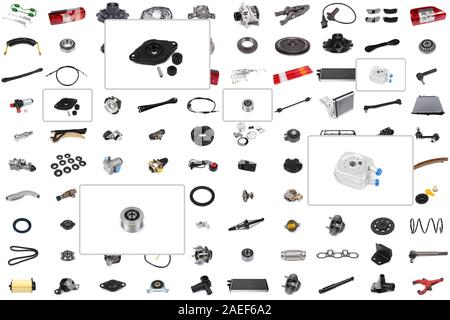 Collage aus verschiedenen Autoteile für Pkw und Lkw mit einem Schwerpunkt auf drei Teile: Stoßdämpfer Reparatursatz Riemenscheibe der Lichtmaschine, Behälter. Stockfoto