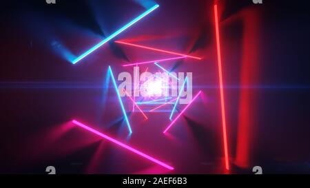 Abstrakte futuristische Korridor mit Dreiecken, bunte Laser neon Linien, geometrische endlose Tunnel Stockfoto