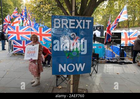 Pro Brexit anti Europäische Union Demonstranten Demonstration in Westminster am 30. Oktober 2019 in London, England, Vereinigtes Königreich verlassen. Brexit ist der geplante Rückzug des Vereinigten Königreichs aus der Europäischen Union. Nach einem Referendum im Juni 2016, in der 51,9% der teilnehmenden Wähler gestimmt zu verlassen. Als eine allgemeine Wahl durch die Commons übergeben wird, Brexit Proteste intensivieren außerhalb des Parlaments am Tag vor dem ursprünglichen Datum des Ausscheidens auf der 31. Stockfoto