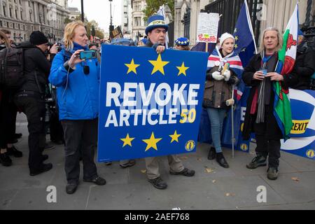 Anti Brexit pro-Europäische Union protester Steve Bray demonstrieren in Westminster am 30. Oktober 2019 in London, England, Vereinigtes Königreich. Brexit ist der geplante Rückzug des Vereinigten Königreichs aus der Europäischen Union. Nach einem Referendum im Juni 2016, in der 51,9% der teilnehmenden Wähler gestimmt zu verlassen. Als eine allgemeine Wahl durch die Commons übergeben wird, Brexit Proteste intensivieren außerhalb des Parlaments am Tag vor dem ursprünglichen Datum des Ausscheidens auf der 31. Stockfoto