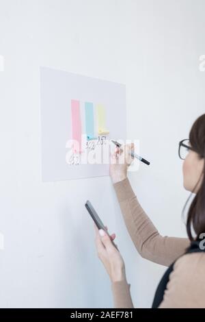 Junge weibliche Broker, Präsentation der finanziellen Papier Chart auf dem Whiteboard Stockfoto
