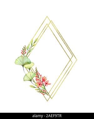 Floraler Raute Rahmen mit goldene Folie, freesia Blumen und Platz für Text. Vertikale Komposition isoliert auf Weiss. Aquarell von Hand bemalt Abbildung Stockfoto