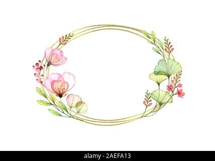 Aquarell Blumen Rahmen mit goldenen Glitzer und Platz für Text. Von Hand bemalt botanischen Abbildung. Horizontale oval Zusammensetzung mit transparenten Rose Stockfoto