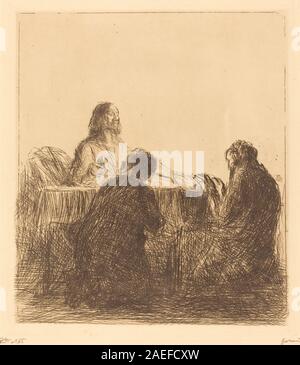 Gemälde von Jean-Louis Forain mit dem Titel „das Brechen des Brotes“, entstanden zwischen 1902 und 1907, das Figuren zeigt, die Brot in einem sozialen oder religiösen Kontext teilen, den Fokus auf das tägliche Leben, detaillierte Gesten, realistische Kleidung und soziale Interaktion, im französischen Stil des frühen 20. Jahrhunderts. Stockfoto