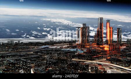 Futuristische Glas Stadt mit leuchtenden Fenstern. Leuchtende Straßen und helle Blitze zwischen den Häusern. Sternenhimmel atmosphärischen Himmel im Hintergrund. 3D-illustrati Stockfoto