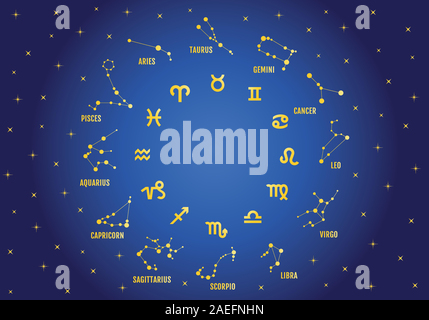 Gold Sternzeichen, golden Horoskop Symbole, Sterne im blauen Himmel, Vektor Icon Set Stock Vektor