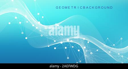 Erweiterung des Lebens. Bunte explosion Hintergrund mit angeschlossenen Leitung und Punkten, Wave fließen. Visualisierung Quantum Technologie. Abstrakte Grafik Stock Vektor