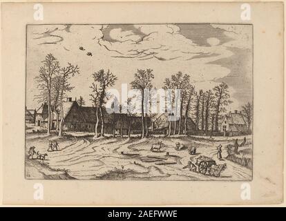 Dieser Stich von Johannes und Lucas van Doetechum nach dem Meister der kleinen Landschaften zeigt Bauernhöfe. Die Komposition betont Architektur, menschliche Figuren, Tiere, landwirtschaftliche Elemente, Vegetation, Landschaft und ländliche Szene, die die niederländischen Drucktechniken des 17. Jahrhunderts widerspiegelt. Stockfoto