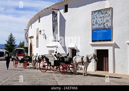 Pferdewagen, außerhalb der Stierkampfarena, Ronda, Provinz Malaga, Andalusien, Spanien, Europa geparkt. Stockfoto