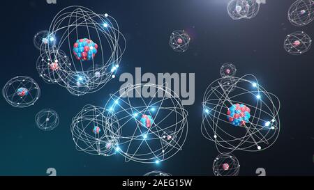 Abstrakte atom Modell. Atom ist der kleinste Ebene der Materie, die chemischen Elemente. Leuchtende Energie Kugeln. Nukleare Reaktion. Konzept der Nanotechnologie Stockfoto