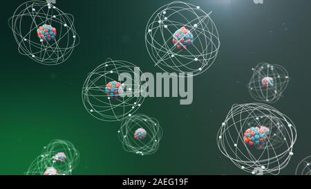 3D-Abbildung der atomaren Struktur. Atom ist der kleinste Ebene der Materie, die chemischen Elemente. Leuchtende Energie Kugeln. Nukleare Reaktion. Konzept Stockfoto