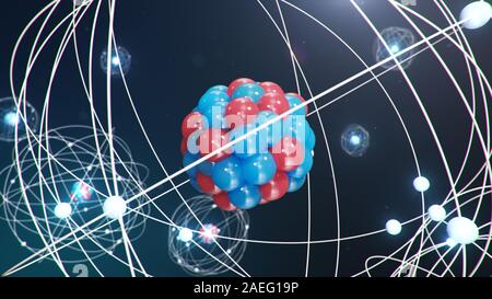 Abstrakte atom Modell. Atom ist der kleinste Ebene der Materie, die chemischen Elemente. Leuchtende Energie Kugeln. Nukleare Reaktion. Konzept der Nanotechnologie Stockfoto