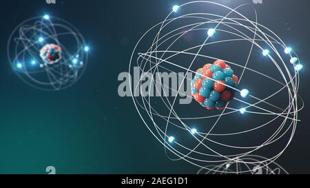 3D-Abbildung der atomaren Struktur. Atom ist der kleinste Ebene der Materie, die chemischen Elemente. Leuchtende Energie Kugeln. Nukleare Reaktion. Konzept Stockfoto