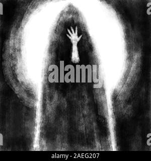 Der Mönch steht gegen einen leuchtenden Kreis und zog eine weiße Hand vor ihm. Schwarze und weiße Abdeckung in Horror Genre mit Kohle und Lärm Stockfoto