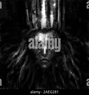 Königin der Finsternis mit einer Krone auf dem Kopf. Schwarz-weiß illustration im Horror Genre mit Kohle und Lärm. Stockfoto