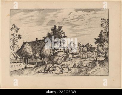 Dieser Stich von Johannes van Doetechum dem Älteren und Lucas van Doetechum nach dem Meister der kleinen Landschaften zeigt eine Dorfstraße. Es betont Gebäude, Straßenaufteilung, menschliche Figuren, Tiere, Vegetation, Perspektive, ländliche Architektur und das tägliche Leben, das die niederländische Druckerei des 17. Jahrhunderts widerspiegelt. Stockfoto