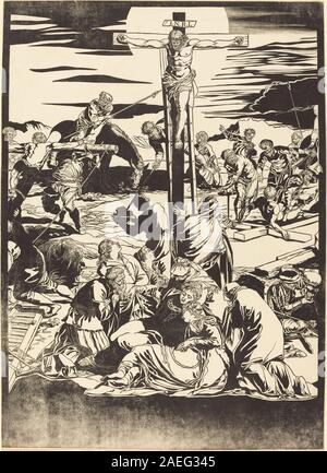 Gravur von John Baptist Jackson nach Jacopo Tintoretto, 1741, die Kreuzigung mit Christus am Kreuz, umliegende Figuren, Vorhänge, Gesten und religiöse künstlerische Konventionen aus dem 18. Jahrhundert, die dramatische Komposition betonen. Stockfoto