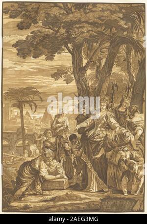 Ein Kupferstich von John Baptist Jackson aus dem Jahr 1741 nach Veronese, der die biblische Szene „The Finding of Moses“ zeigt, in der Moses als Kind, Figuren in ägyptischer Kleidung, am Fluss und narrativer Komposition in der europäischen religiösen Kunst des 18. Jahrhunderts dargestellt wird. Stockfoto