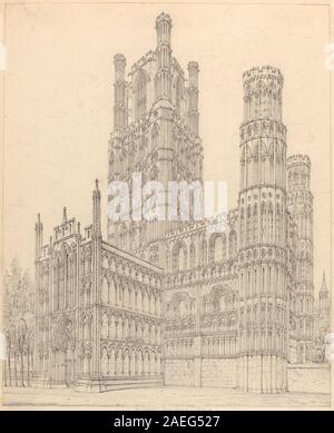 Ely Cathedral, Cambridgeshire, SW View by John Coney, 1820, zeigt das südwestliche Äußere der Kathedrale, einschließlich Türmen, Fenstern, architektonischen Details und umgebender Landschaft. Stockfoto