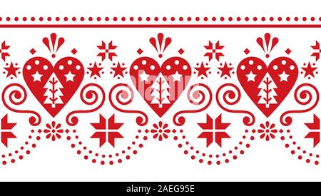 Skandinavische Weihnachten niedlich Folk nahtlose Vektor Muster - lange, horizontale repetitive Design mit Weihnachtsbäumen, Schneeflocken in Rot auf Weiß Stock Vektor