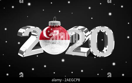 Frohes neues Jahr 2020 die Flagge von Singapur auf einem Weihnachten Spielzeug, Dekorationen auf dunklem Hintergrund. Kreative Weihnachten Konzept. Stockfoto