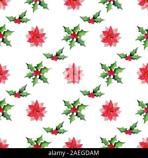 Aquarell Weihnachten floral nahtlose Muster mit Holly und Weihnachtsstern Blumen auf einem weißen Hintergrund. Stockfoto