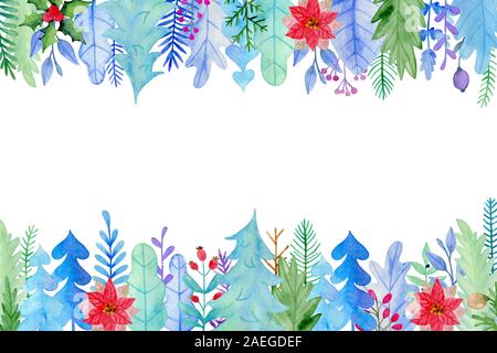 Aquarell Weihnachten und Neujahr Grußkarten mit Blumen und Blätter. Dekorative winter Hand gezeichnet floral background Stockfoto