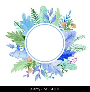 Aquarell Weihnachten und Neujahr Grußkarten mit Blumen und Blätter. Dekorative winter Hand gezeichnet runde Floral frame Stockfoto