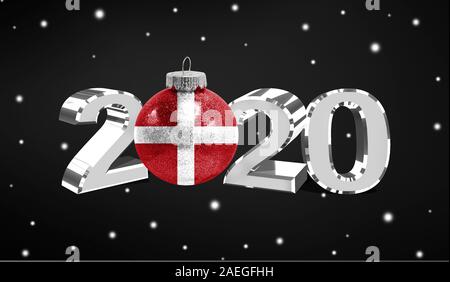 Frohes neues Jahr 2020, Flagge des Souveränen Malteserordens auf einem Weihnachten Spielzeug, Dekorationen auf dunklem Hintergrund. Kreative Weihnachten Konzept Stockfoto