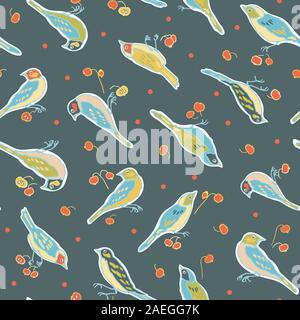 Süße vintage Nahtlose floral Vektor vogel Muster. Überall drucken Mit dem Sitzen Vogel, Appel, retro Hipster vintage Fans, Dot auf blauem Hintergrund. Perfekt für Print, Stoffe und Tapeten. Stock Vektor