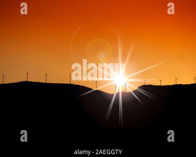 Windenergieanlagen auf einem Berg zurück lit von Sun Stockfoto