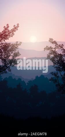 Natürliche Wald Bäume berge Horizont Hügel Sonnenaufgang und Sonnenuntergang Landschaftstapete Illustration vektor Stil bunte hintergrund Stock Vektor