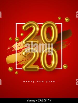 Frohes Neues Jahr 2020 Grußkarte, Gold 3d Kalender Anzahl Datum mit Glitzer und goldener Dekoration. Luxus Typographie Zeichen für Holiday Party celebrati Stock Vektor