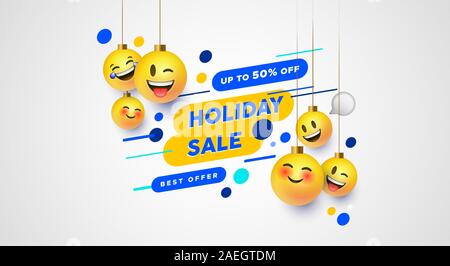 Urlaub Best Sale Vorlage mit lustigen sozialen Smiley chat Reaktion Symbole. Festliche Weihnachten Ornament emoticon für online store Rabatt oder Busines Stock Vektor